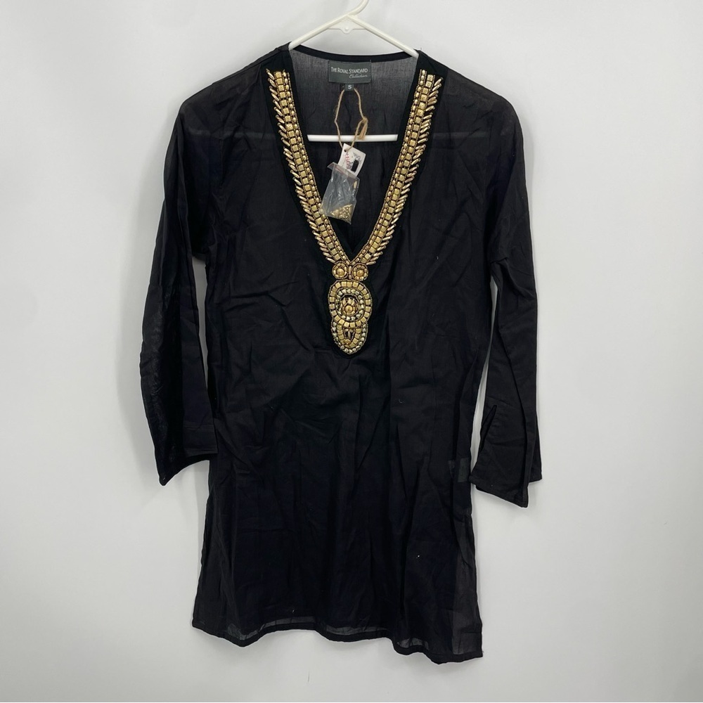 The Royal Standard Collection black gold beaded tunic Sz S v neck long‎ sleeve